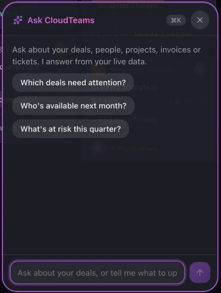 Ask CloudTeams chat panel with suggested questions such as Which deals need attention